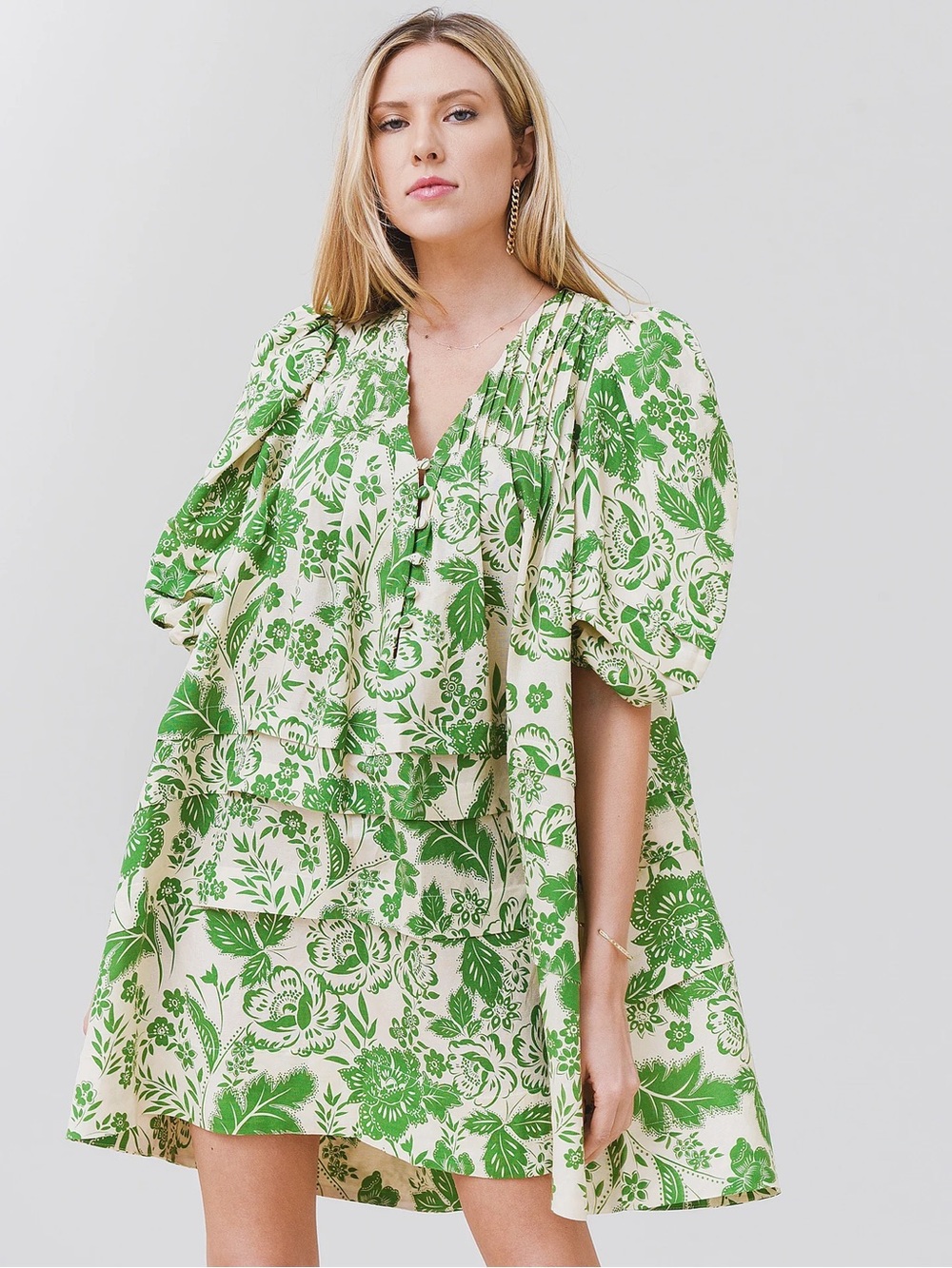 Green Floral Puff-Sleeve Mini Dress